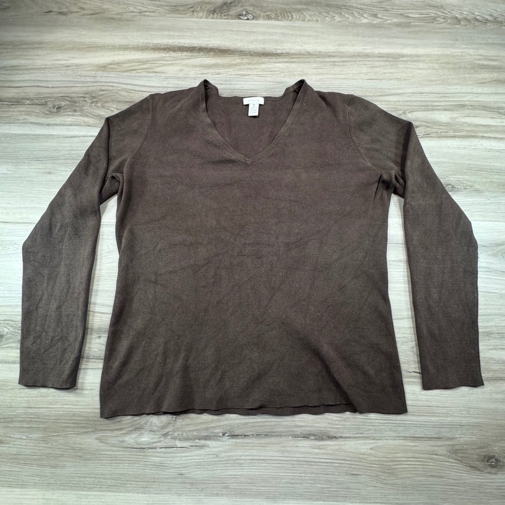 Chicos V Neck Long Sleeve Ribbed Knit Sweater Top‎ Brown Size 2 Silk Blend